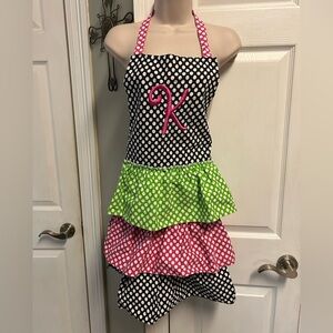 Colorful Polka Dot Apron with Pink Monogram “K” Ruffles Feminine Kitchen Baking